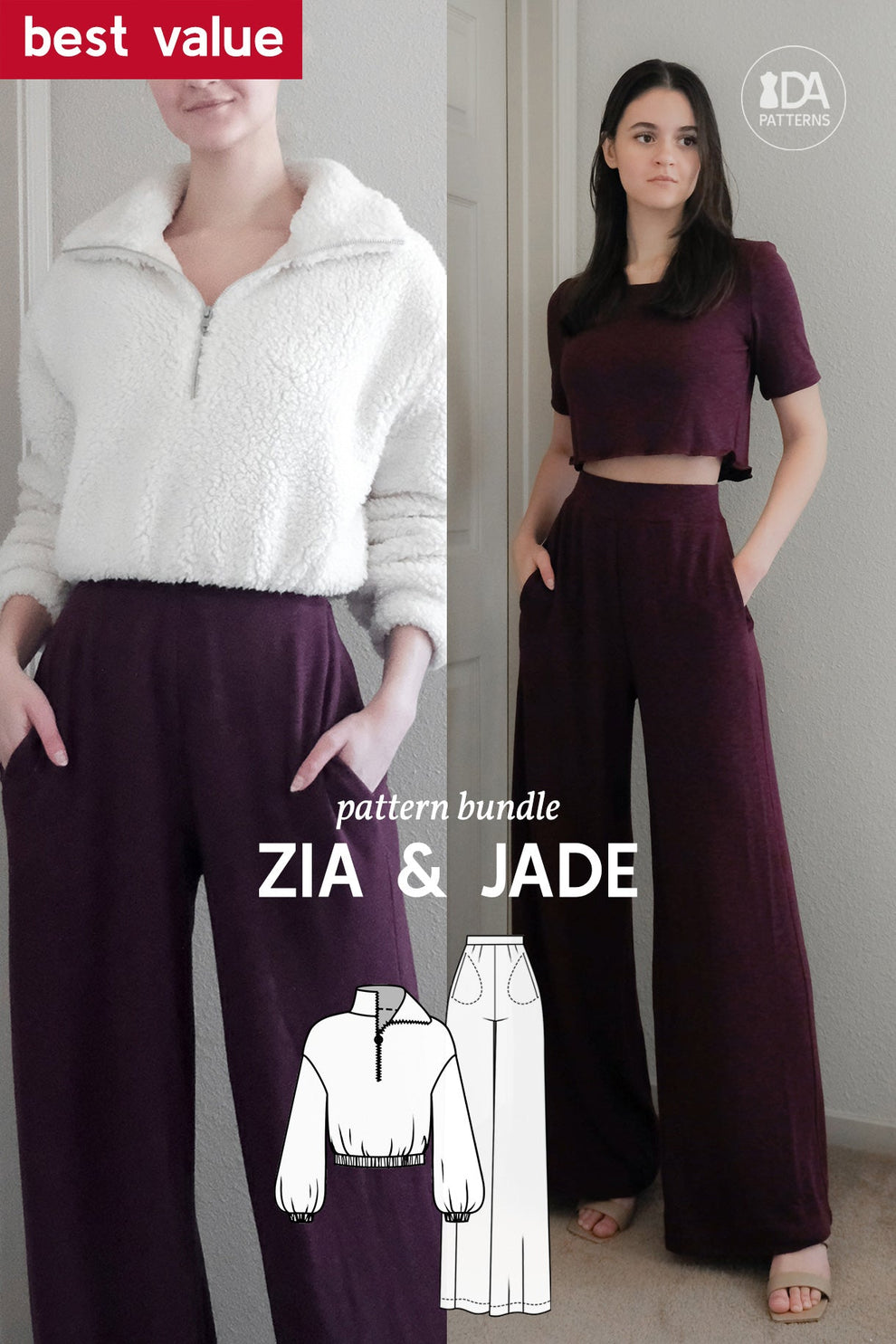 Zia Pattern Zia Half-Zip Sweater & Wide Pants Sewing Pattern Bundle by Dressmaking ...